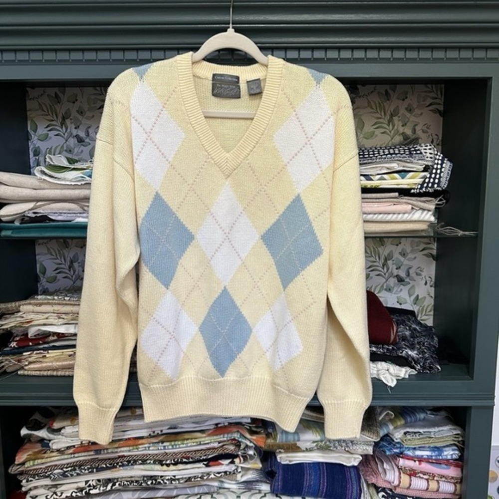 Lord & Taylor Men's Shop Sweater‎ Mens Sz L Cotton Pale Yellow Argyle Design